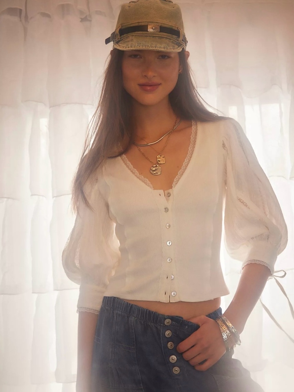 Free People Cream Lace-Trim Button Front Puff Sleeve Top